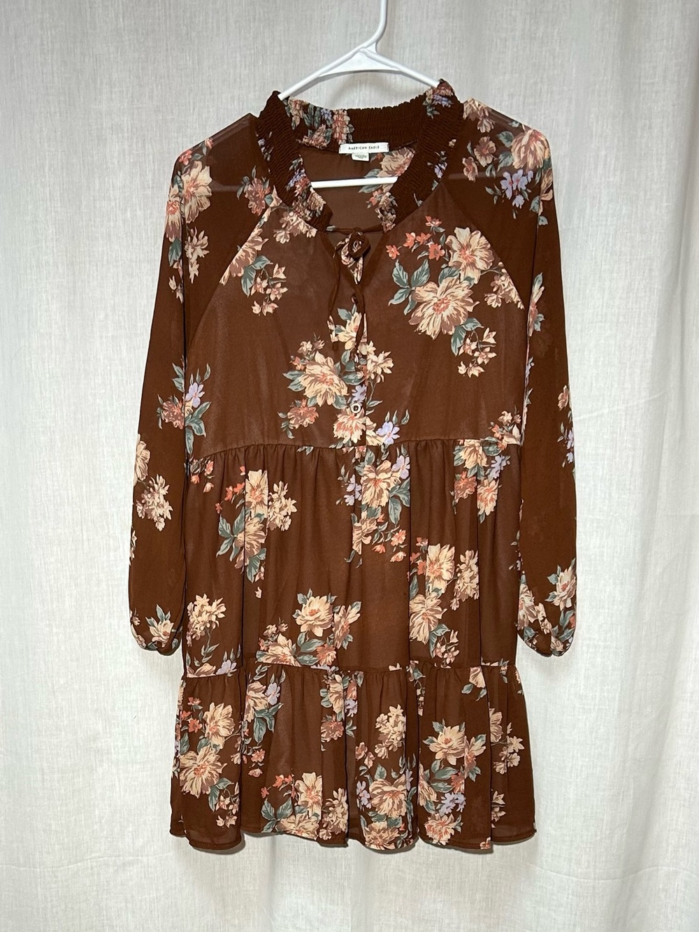 Brown Floral Tiered Long-Sleeve Dress with Ruffle Neck S/P sheer top lined skirt